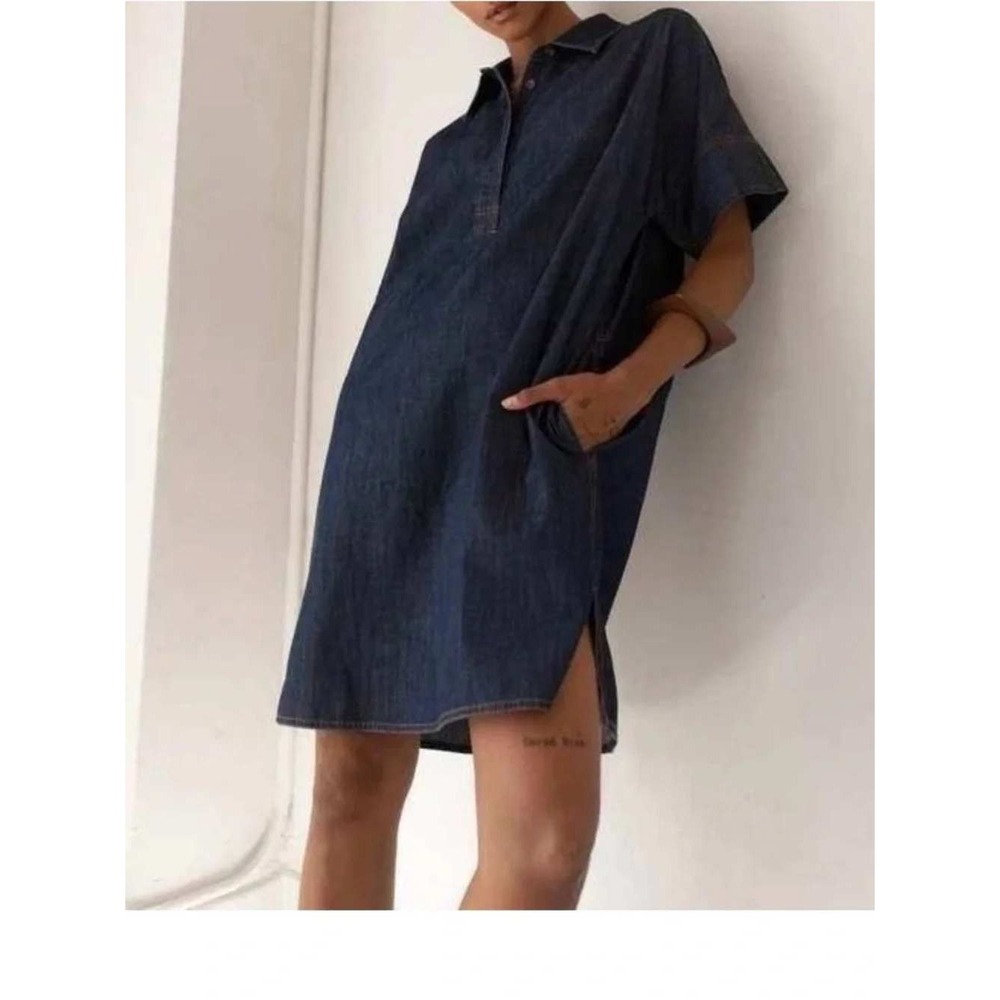 Paper Label Vlada Denim Shirt Dress Blue Cotton Short Sleeve Shift Size Medium